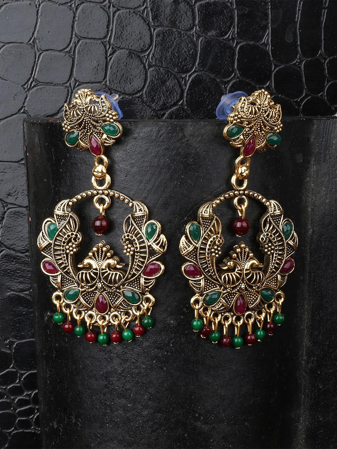 

ANIKAS CREATION Gold-Toned Traditional Antique Peacock Shaped Drop Earrings