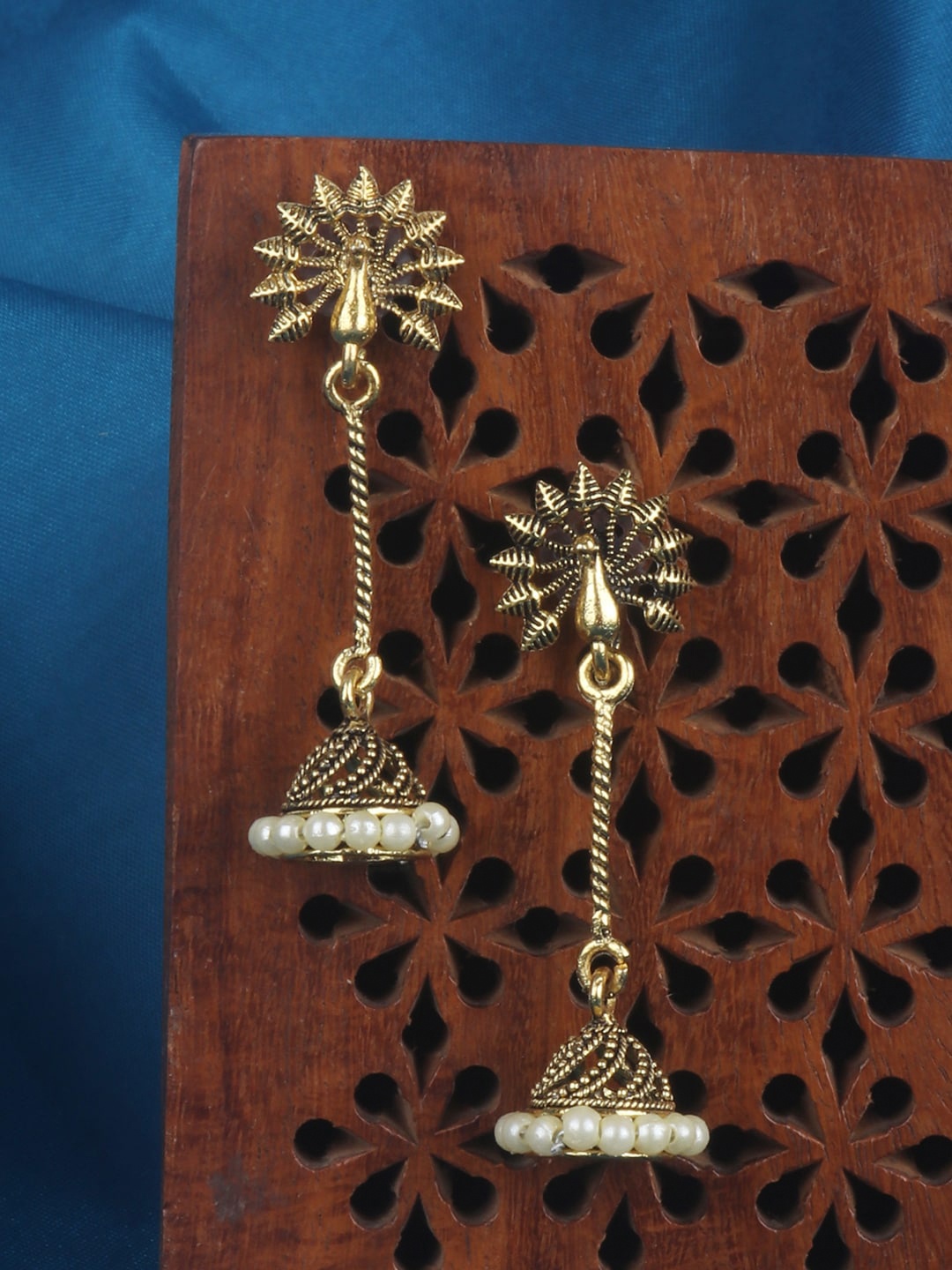 

ANIKAS CREATION Gold-Plated Oxidised Peacock Shaped Jhumkas