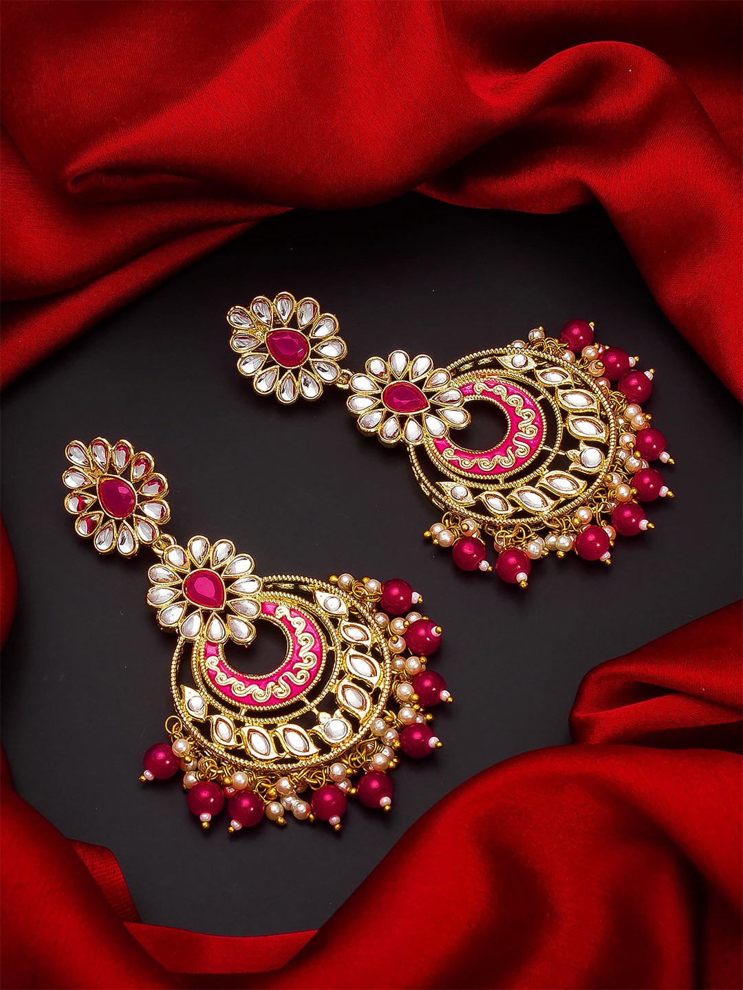 

aadita Gold-Toned Kundan and Pearl Floral Drop Earrings