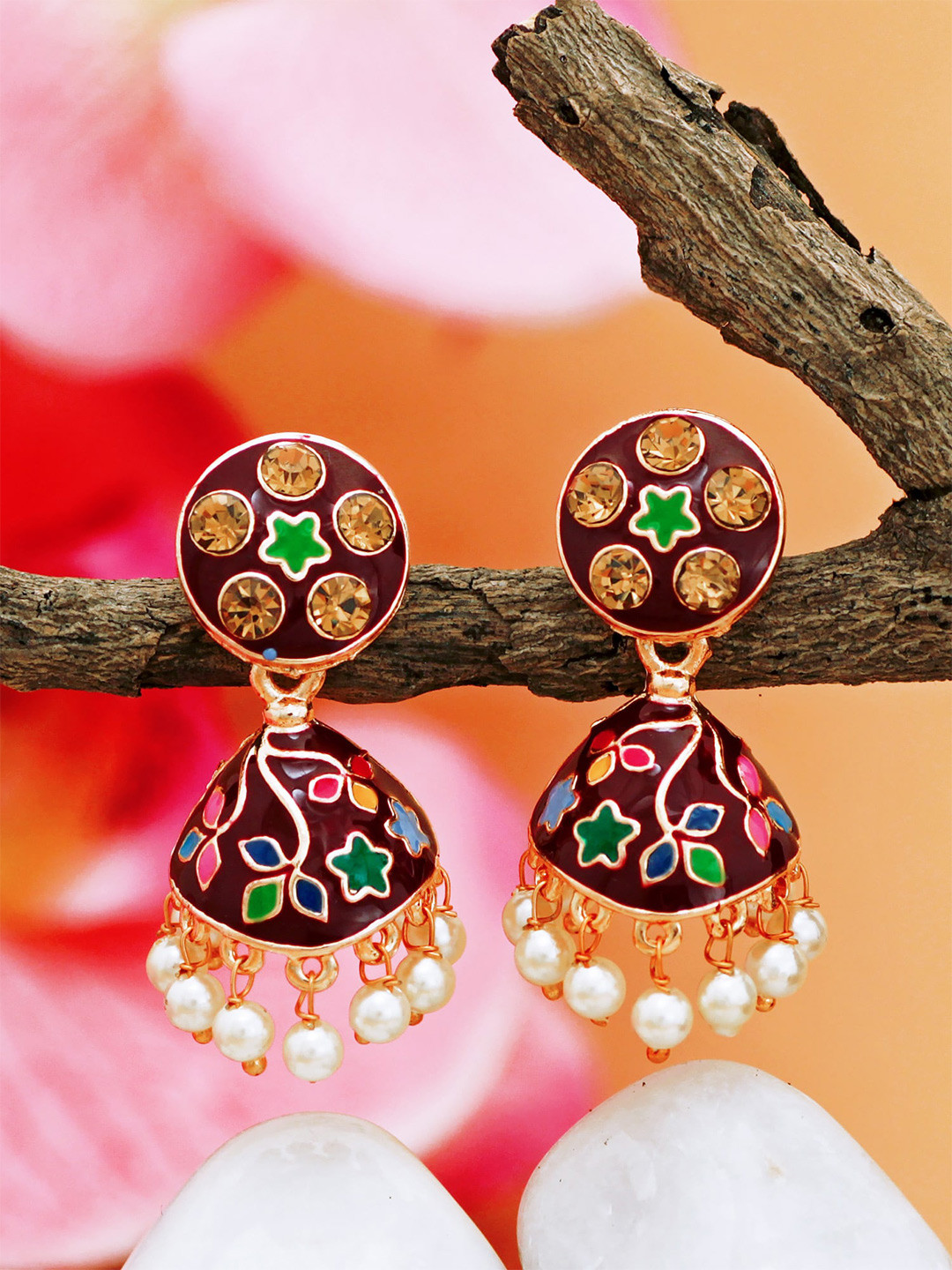 

aadita Brown & Gold-Toned Meenakari Pearl Jhumkas