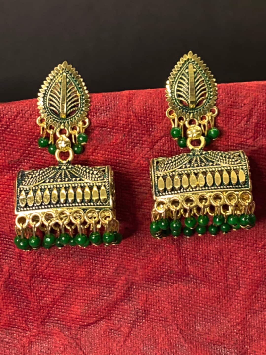 

ANIKAS CREATION Green & Gold-Plated Dome Shaped Jhumkas