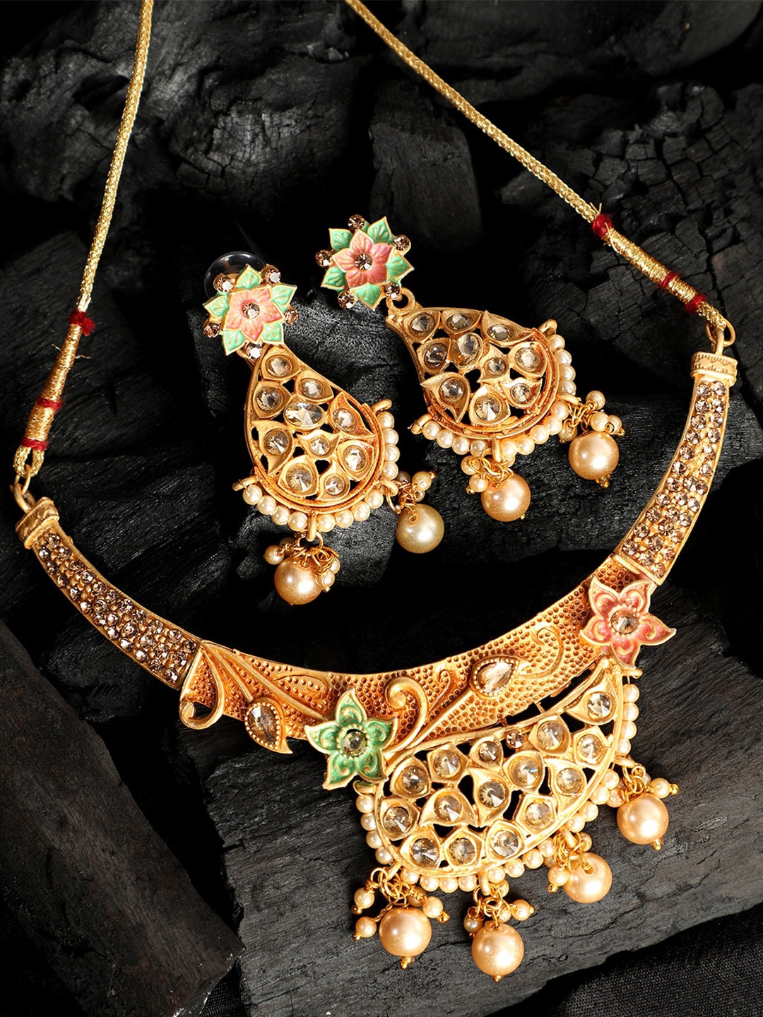 

ANIKAS CREATION Gold-Plated Sea Green & Pink Kundan-Studded & White Beaded Enamelled Jewellery Set