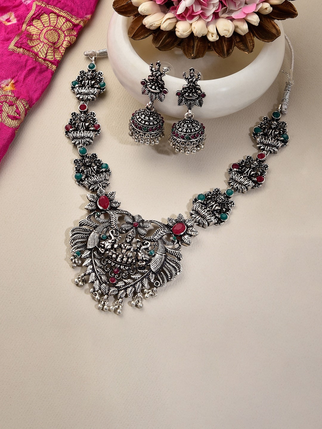 

Fida Oxidised Silver-Plated Oxidised Goddess Lakshmi Temple Jewellery Set