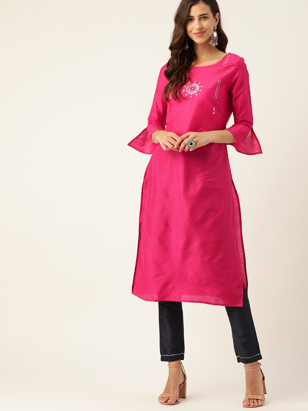 

all about you Women Pink Ethnic Motifs Yoke Design Bell Sleeves Thread Work Kurta
