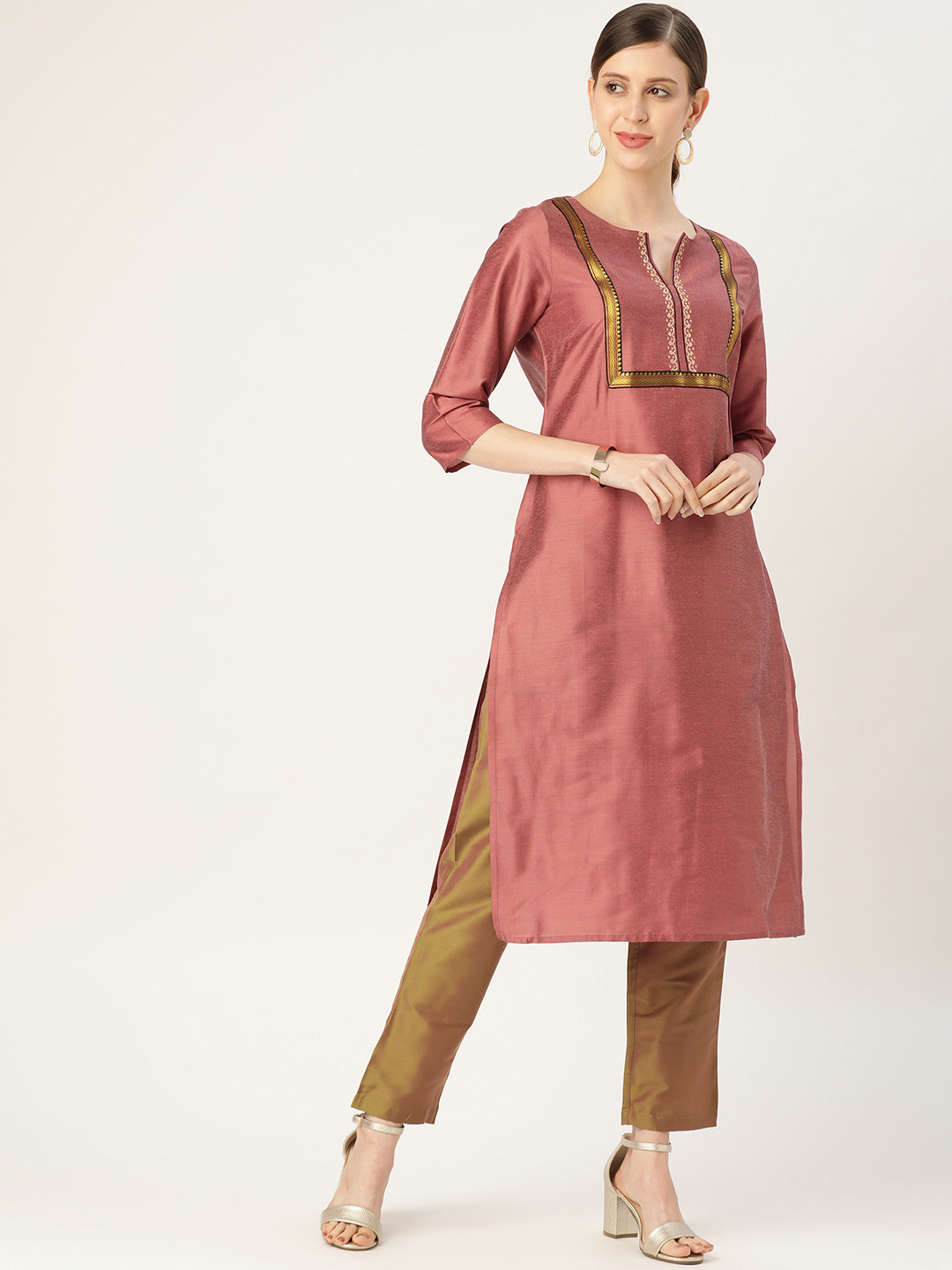 

all about you Women Pink Geometric Yoke Design Kurta