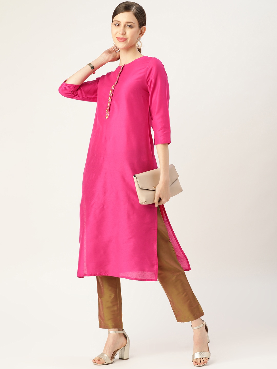 

all about you Women Pink Thread Work Kurta with Trousers