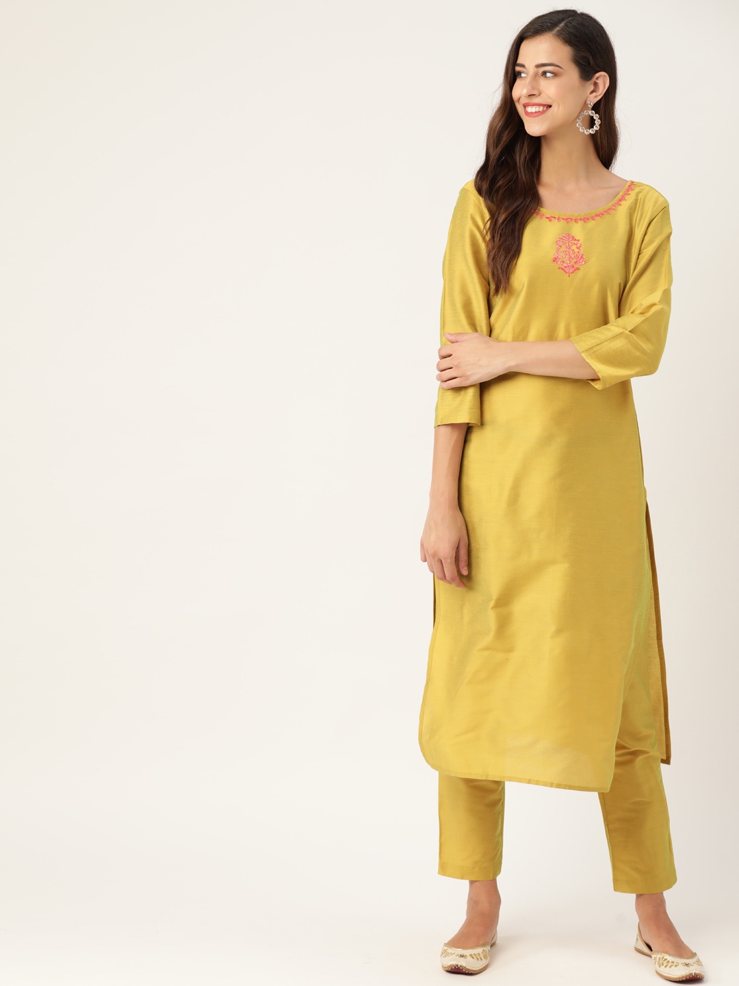 

all about you Women Yellow Ethnic Motifs Yoke Design Thread Work Kurta with Trousers