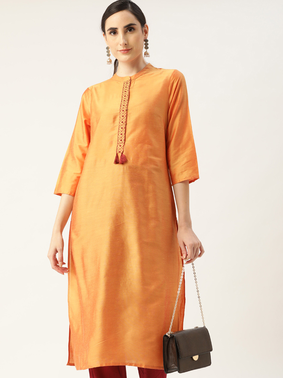 

all about you Women Orange Thread Work Satin Finish Kurta