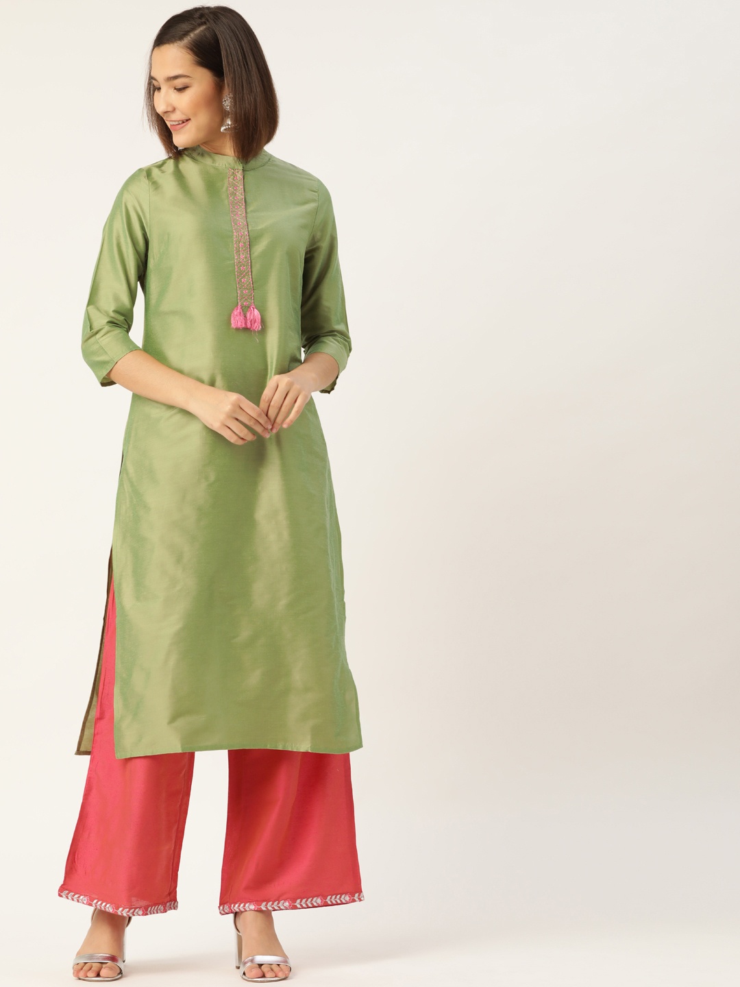 

all about you Women Green Thread Work Satin Finish Kurta
