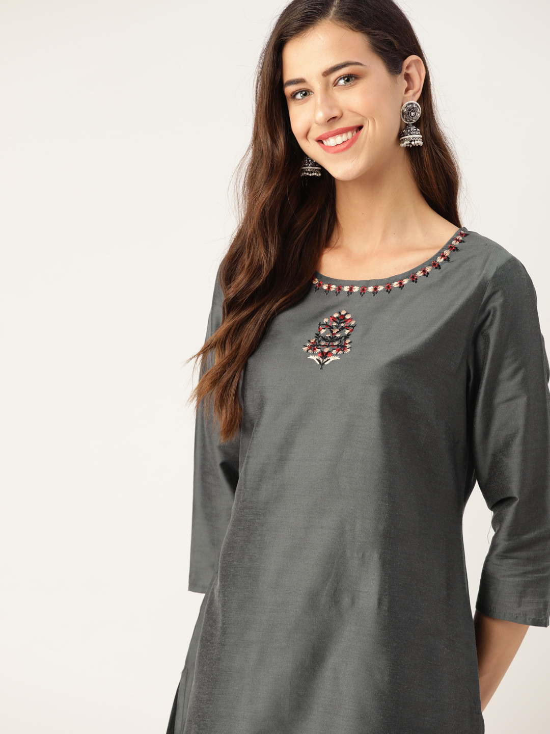 

all about you Women Charcoal Grey Embroidered Kurta with Trousers
