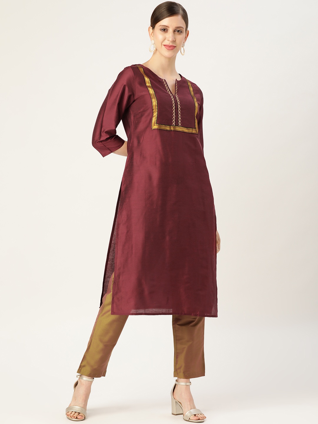 

all about you Women Maroon Geometric Yoke Design Kurta