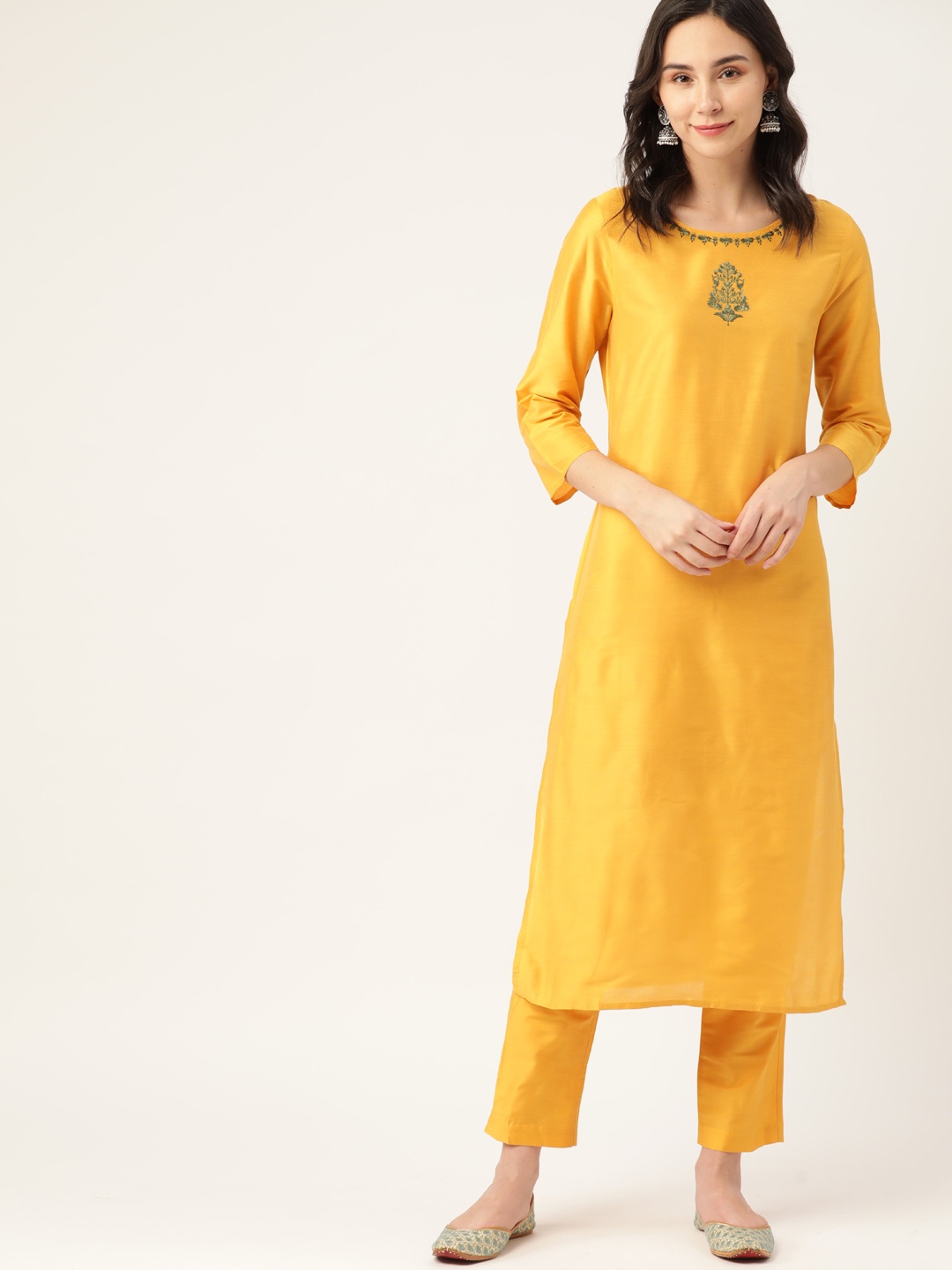 

all about you Women Yellow Embroidered Kurta with Trousers