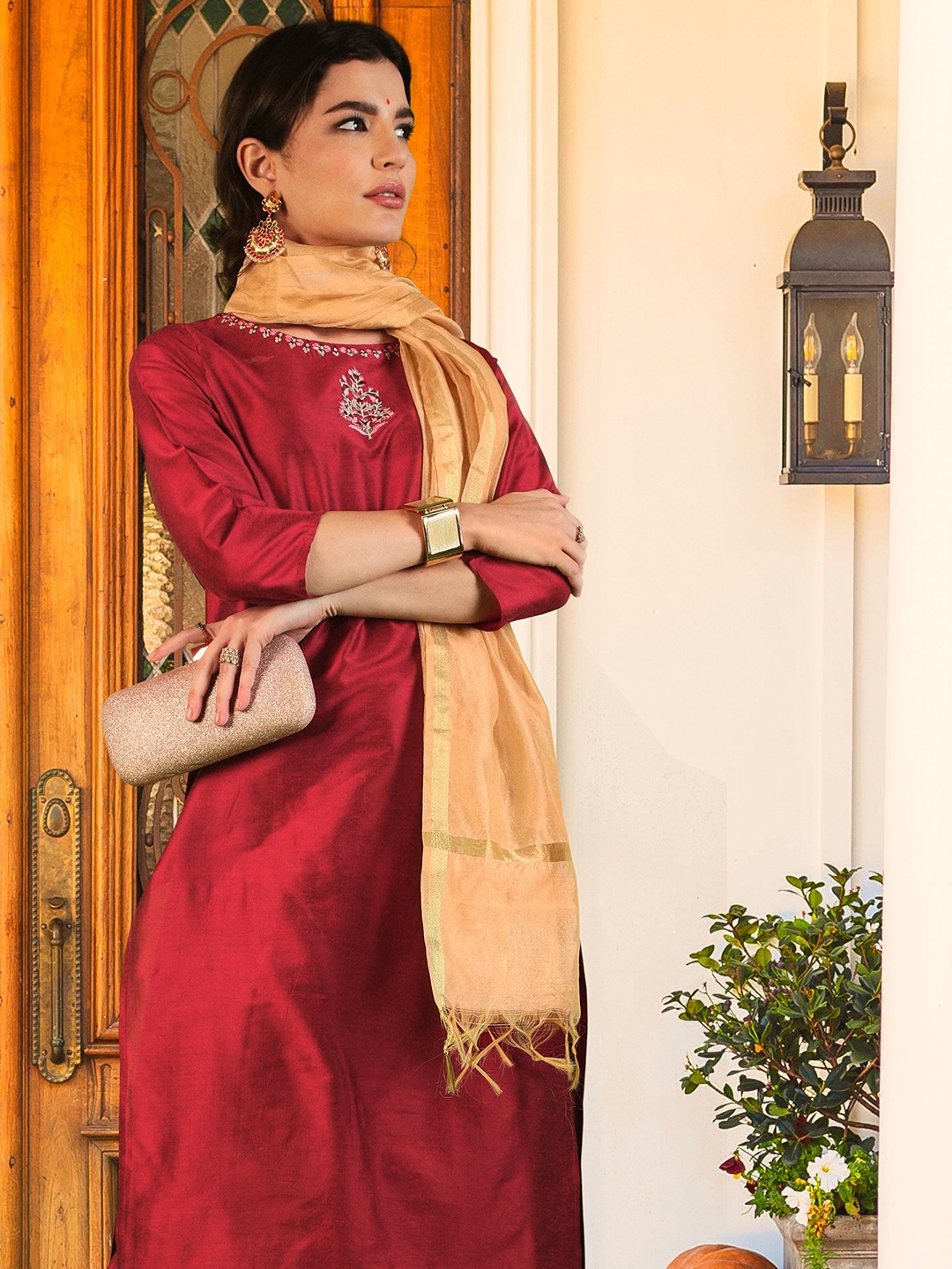 

all about you Women Red Thread Work Kurta With Trousers