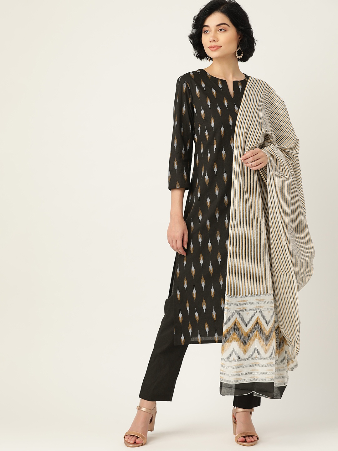 

all about you Women Black Pure Cotton Ikat Print Kurta with Trousers & Dupatta