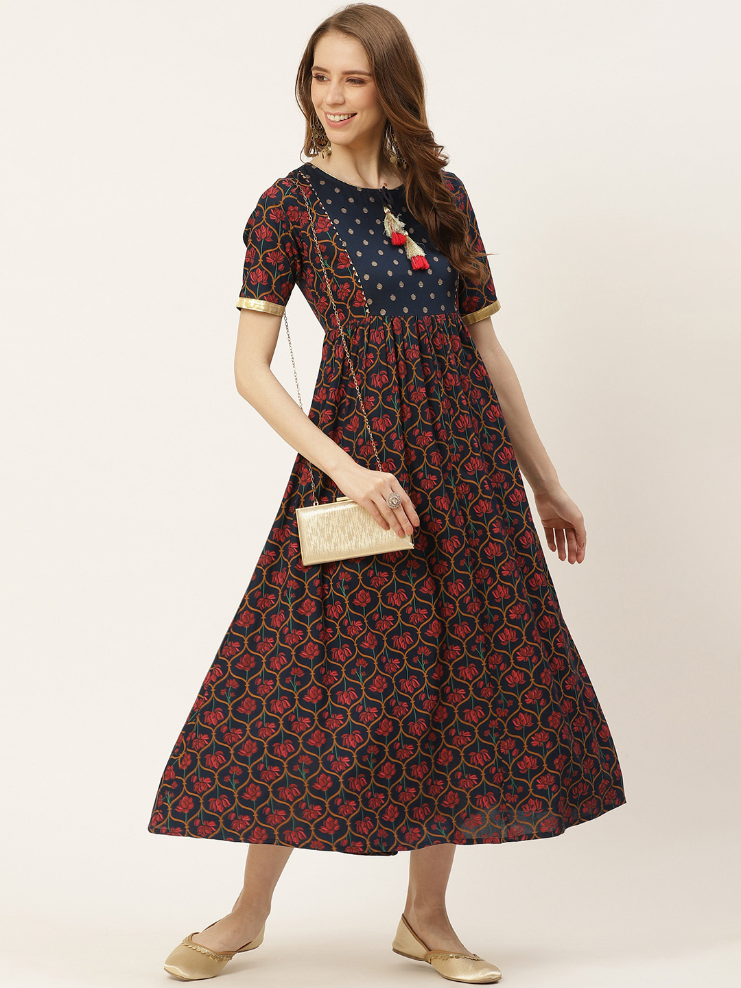 

all about you Navy Blue & Red Ethnic Motifs Tie-Up Neck A-Line Midi Dress