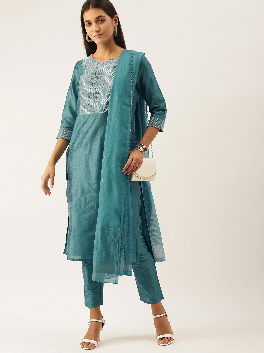 

all about you Women Blue Yoke Design Kurta with Trousers & Dupatta