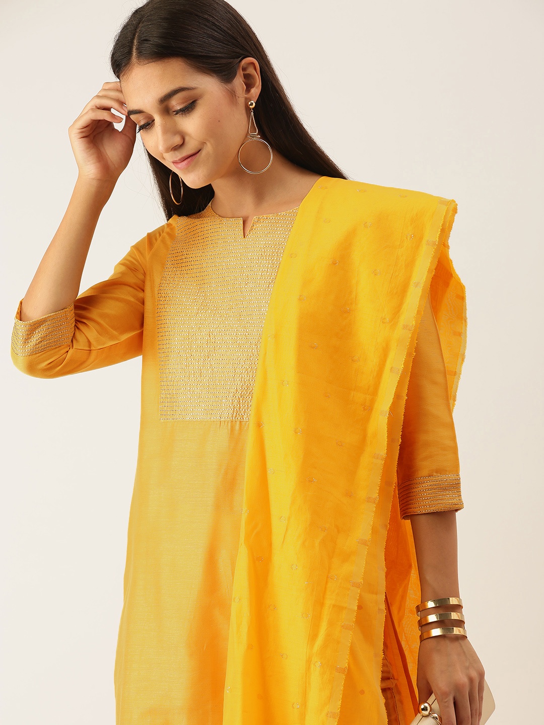 

all about you Women Mustard Yellow Yoke Design Kurta with Trousers & Dupatta