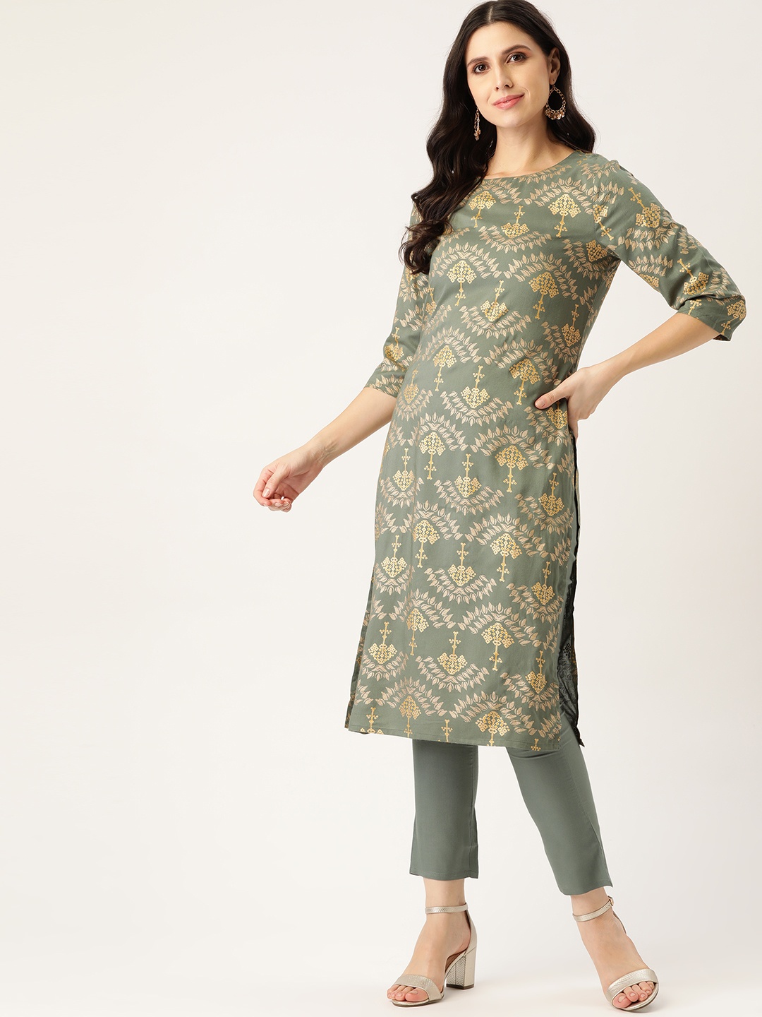 

all about you Women Grey & Golden Ethnic Motifs Print Kurta with Trousers