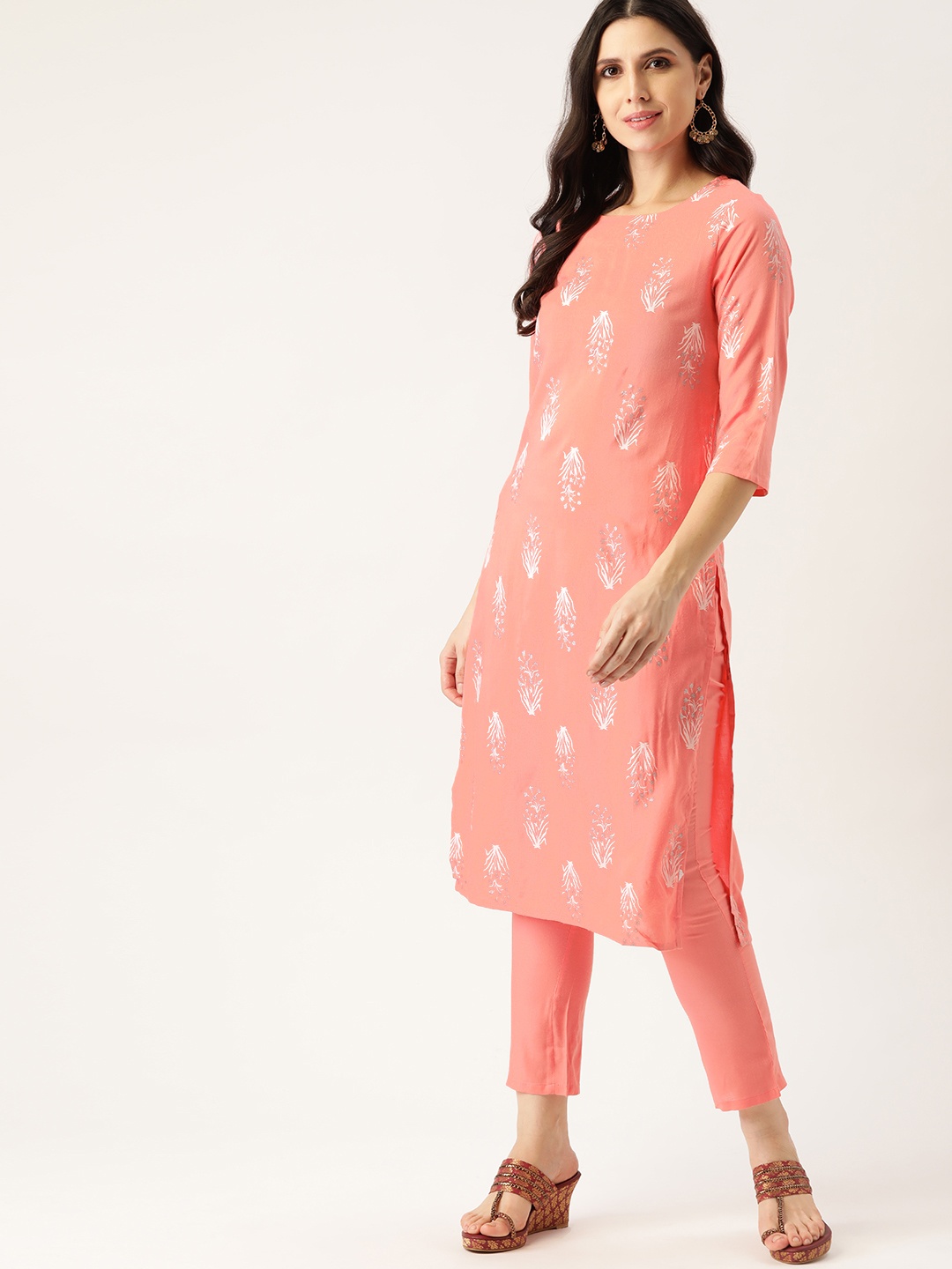 

all about you Women Coral Pink Ethnic Motifs Printed Kurta with Trousers
