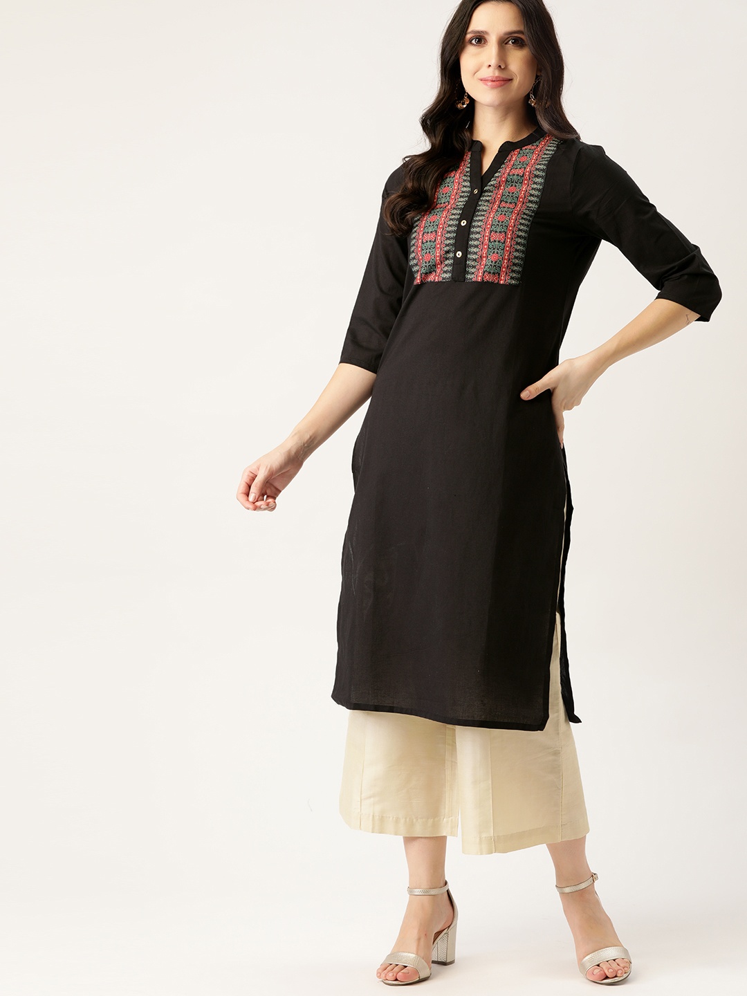 

all about you Women Black & Red Ethnic Motifs Yoke Design Straight Kurta