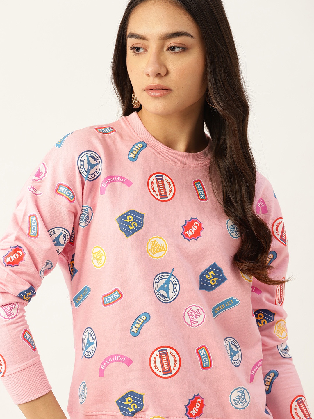 

DressBerry Women Pink & Blue Travel Badges Printed Cotton Sweatshirt