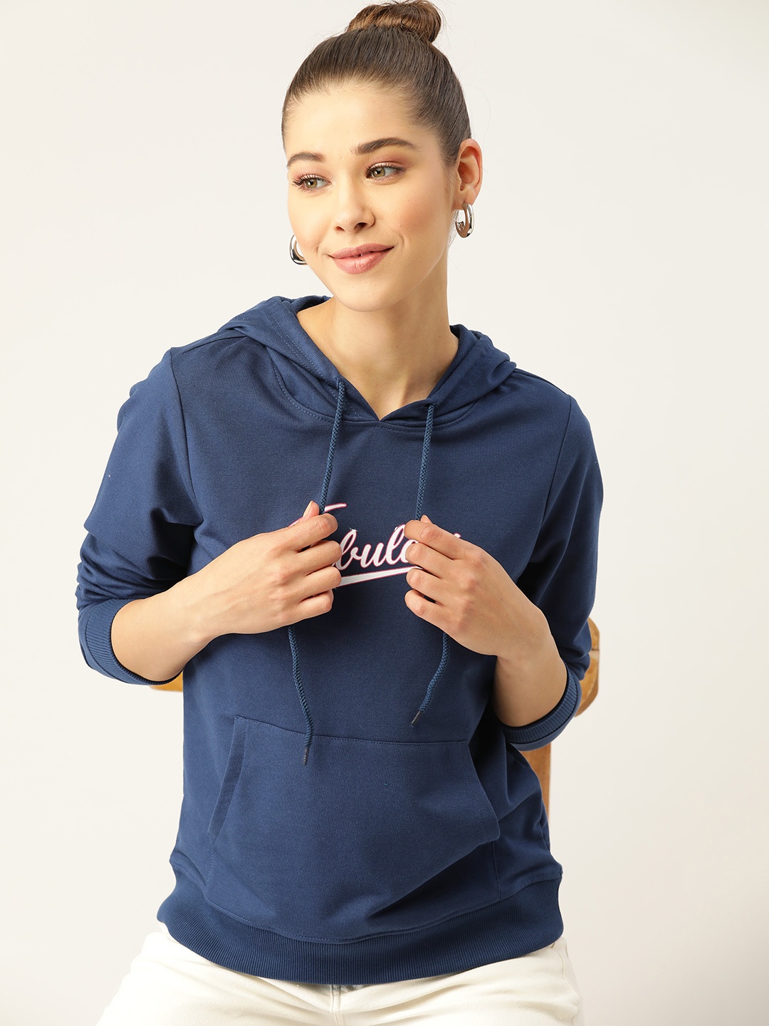 

DressBerry Women Navy Blue Typography Printed Hooded Sweatshirt