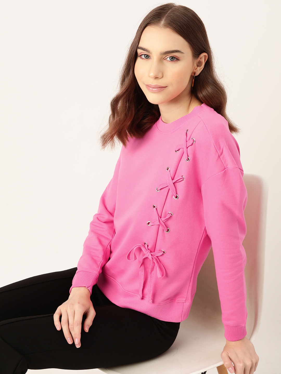 

DressBerry Rivets & Criss-Cross Tie Up Detail Sweatshirt, Pink