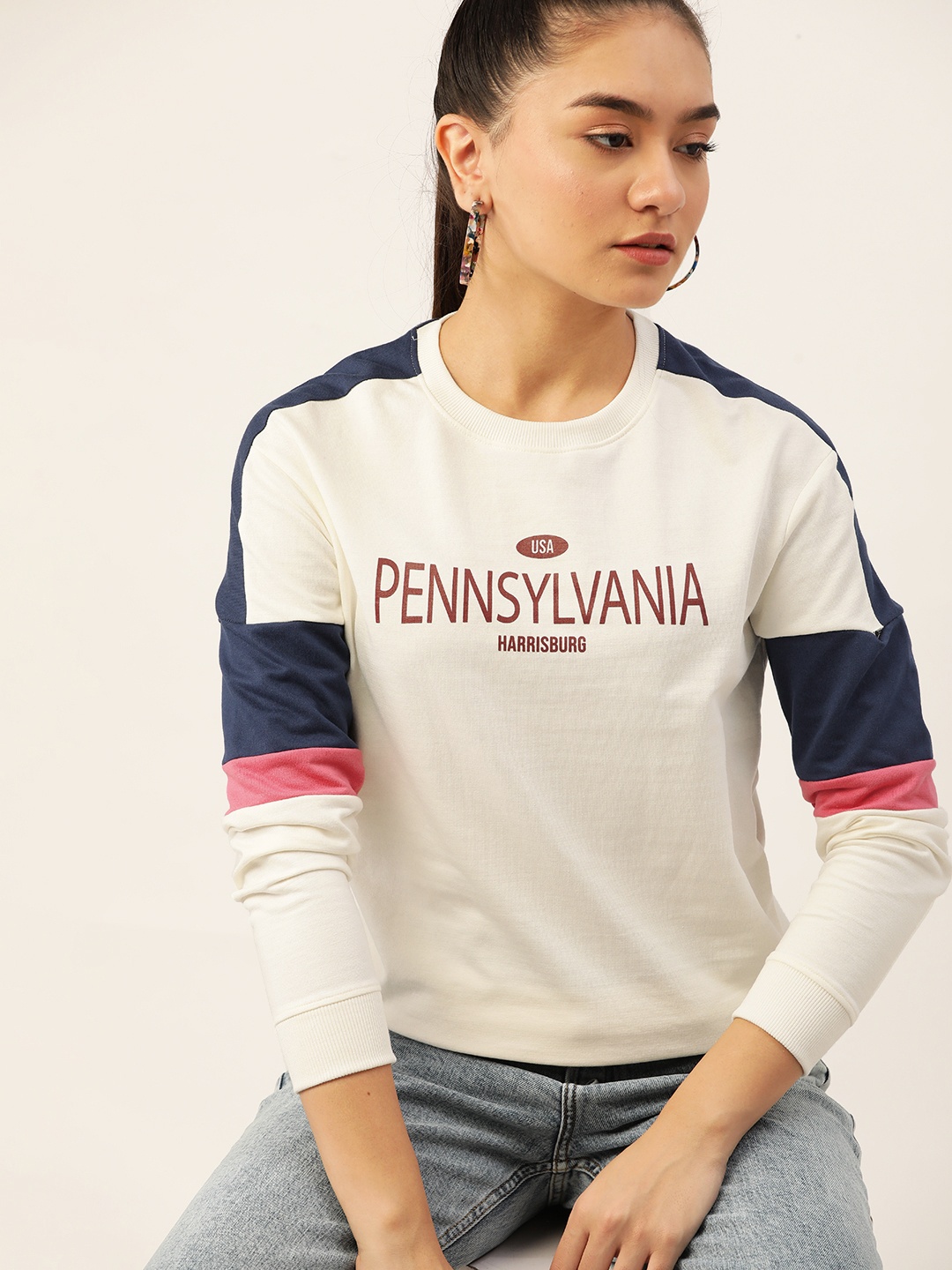 

DressBerry Women Off White & Navy Blue Printed Sweatshirt