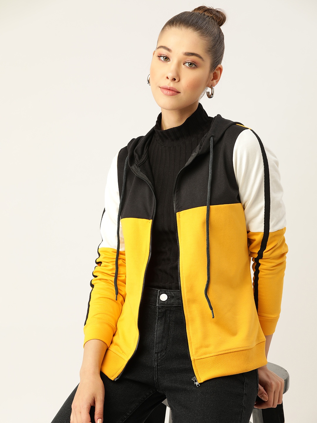

DressBerry Women Yellow & Black Colourblocked Hooded Sweatshirt