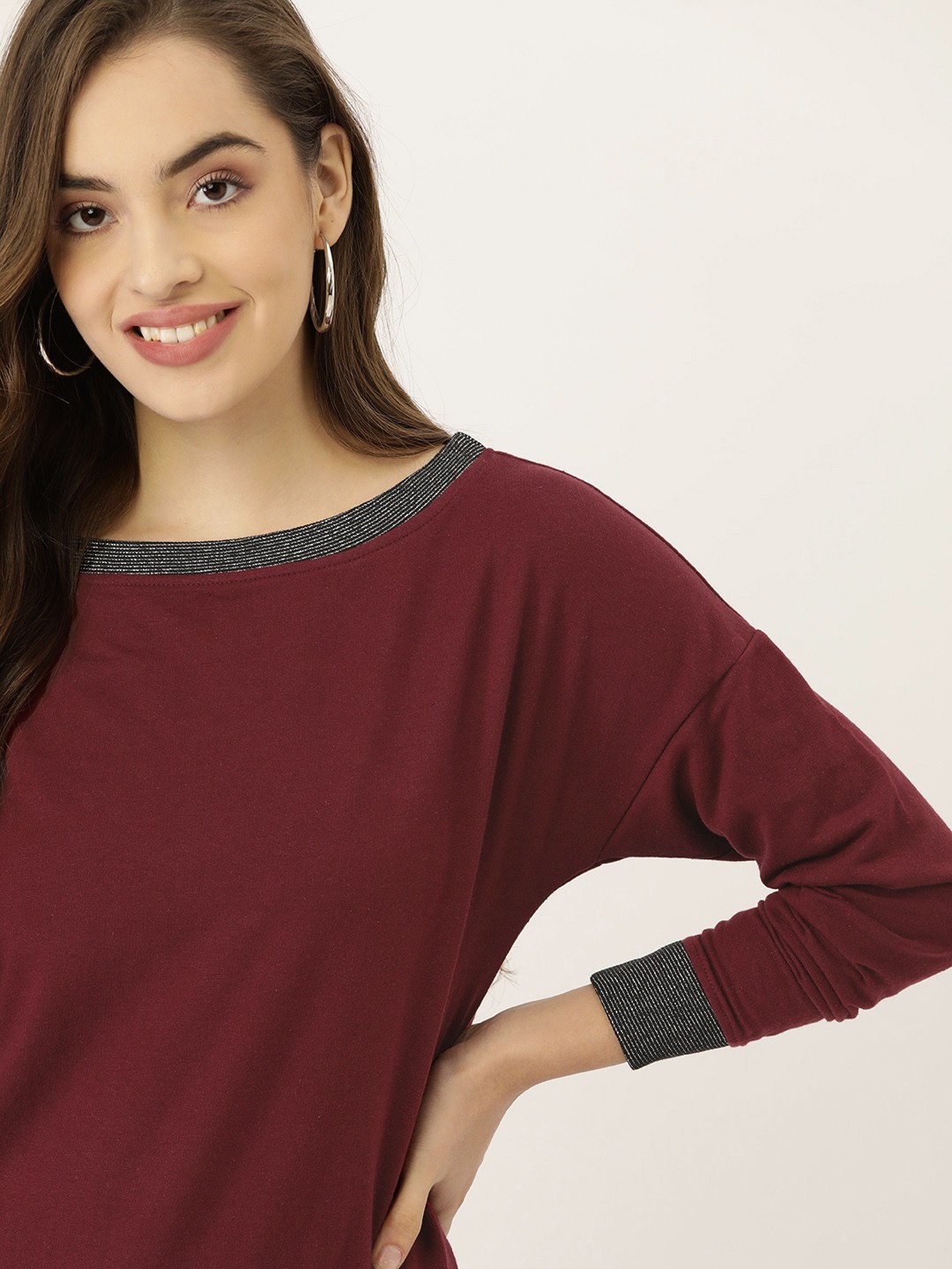 

DressBerry Women Burgundy Solid Sweatshirt