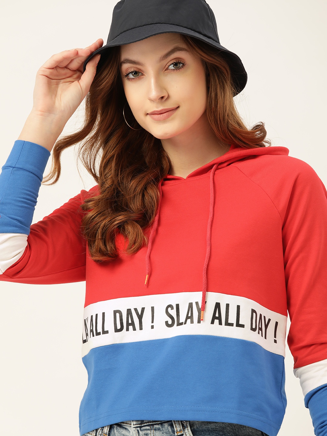 

DressBerry Women Red & Blue Colourblocked Hooded Sweatshirt