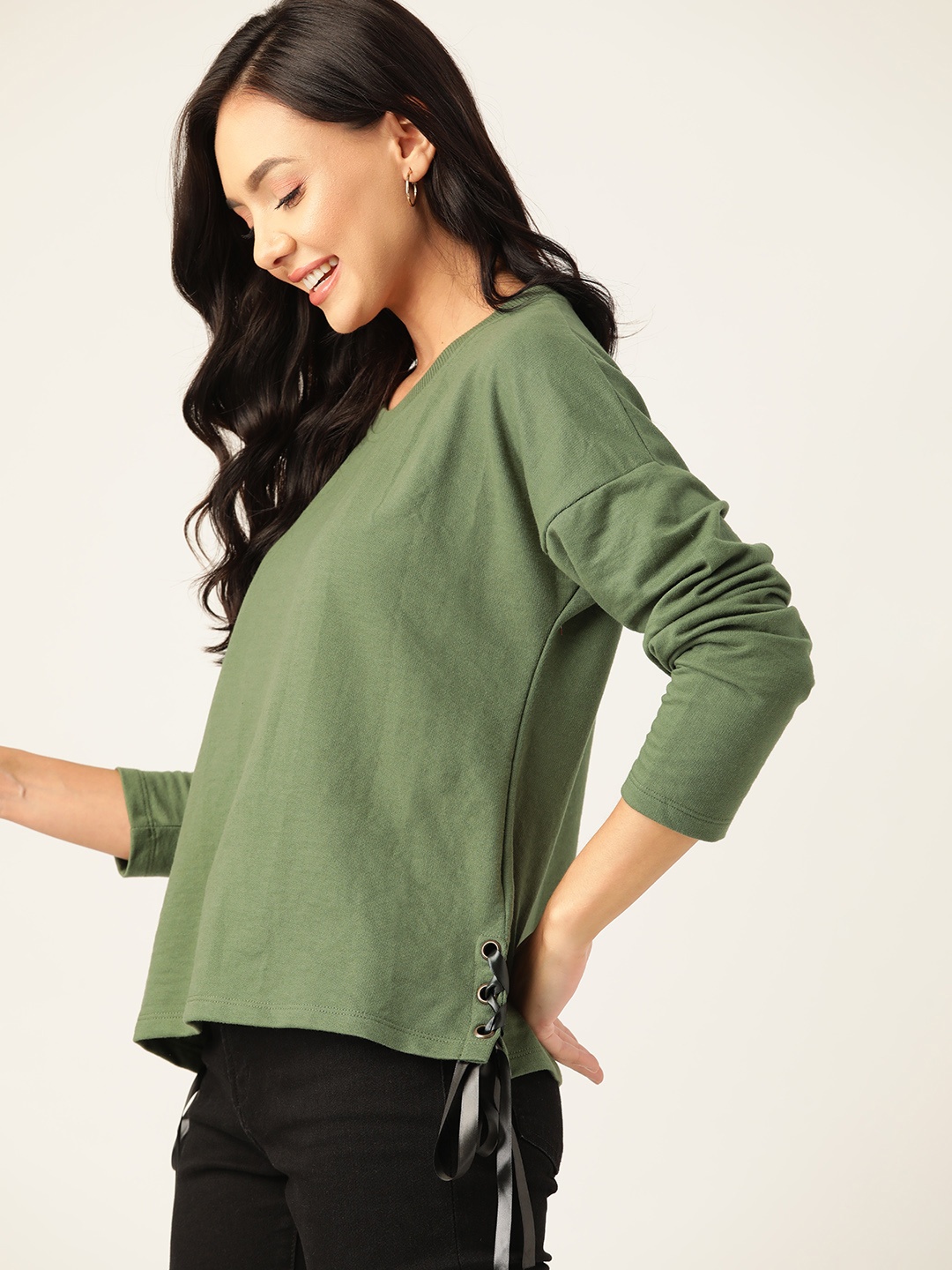 

DressBerry Women Olive Green Solid Sweatshirt With Tie-Up Detail