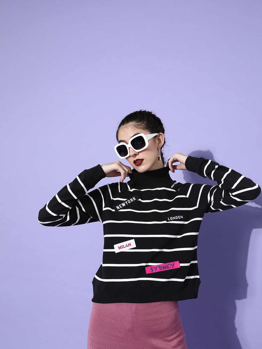 

DressBerry Women Stylish Black Striped Quirky Outerwear Sweatshirt