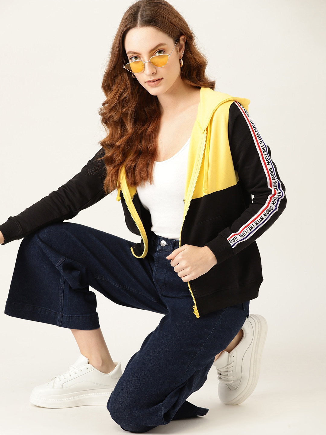 

DressBerry Women Black & Yellow Cotton Colourblocked Hooded Sweatshirt