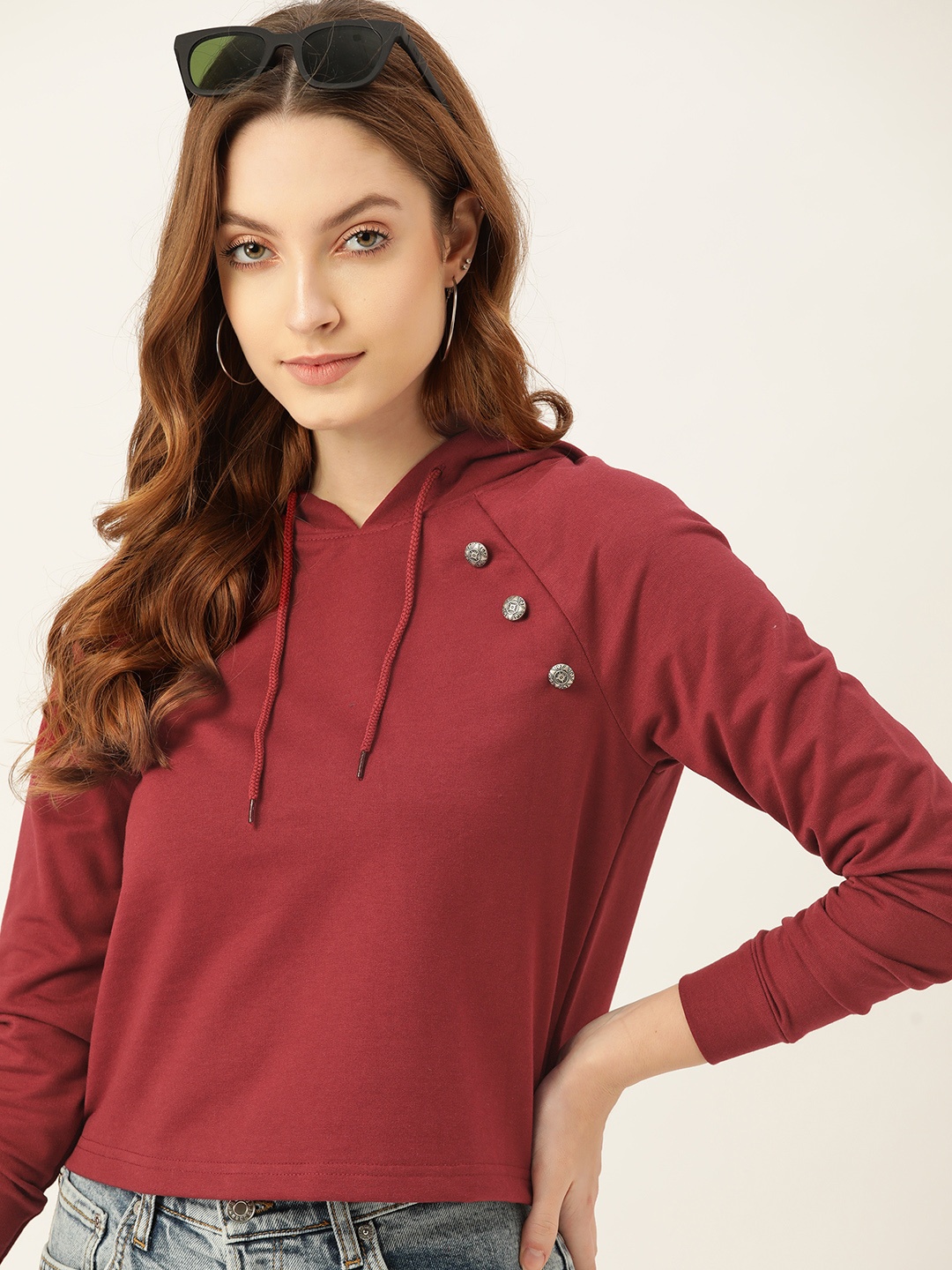 

DressBerry Women Maroon Solid Hooded Sweatshirt