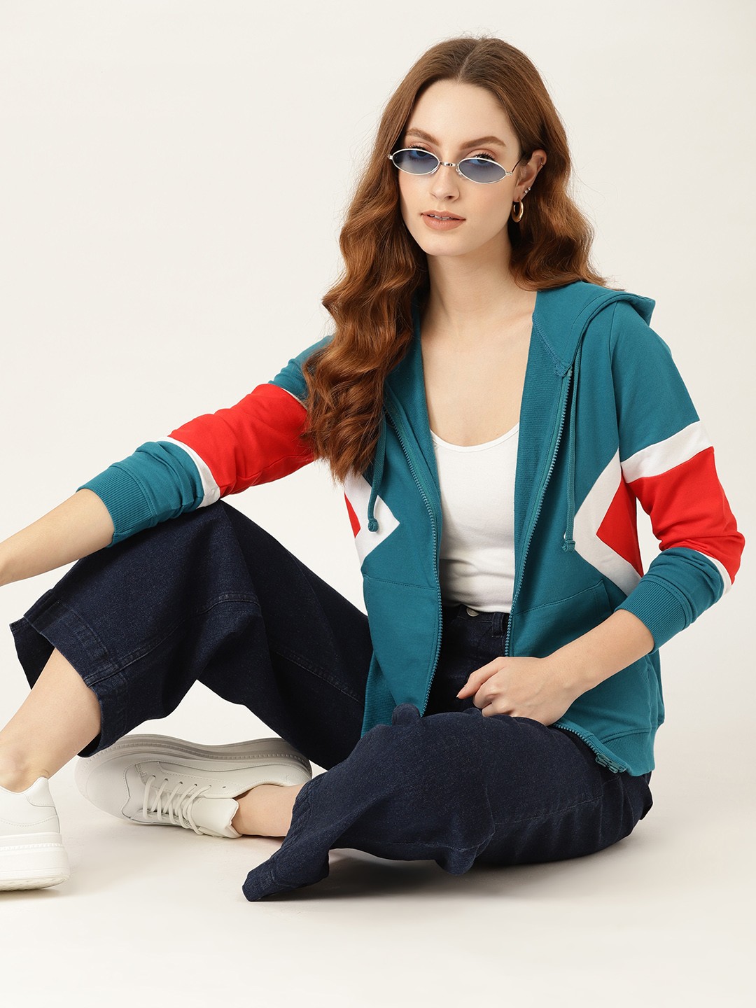 

DressBerry Women Teal Blue & Red Cotton Solid Hooded Sweatshirt