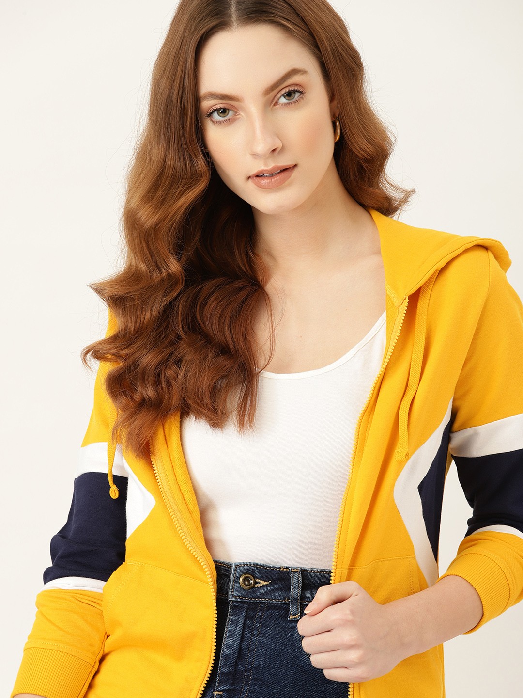 

DressBerry Women Yellow & Navy Blue Cotton Solid Hooded Sweatshirt