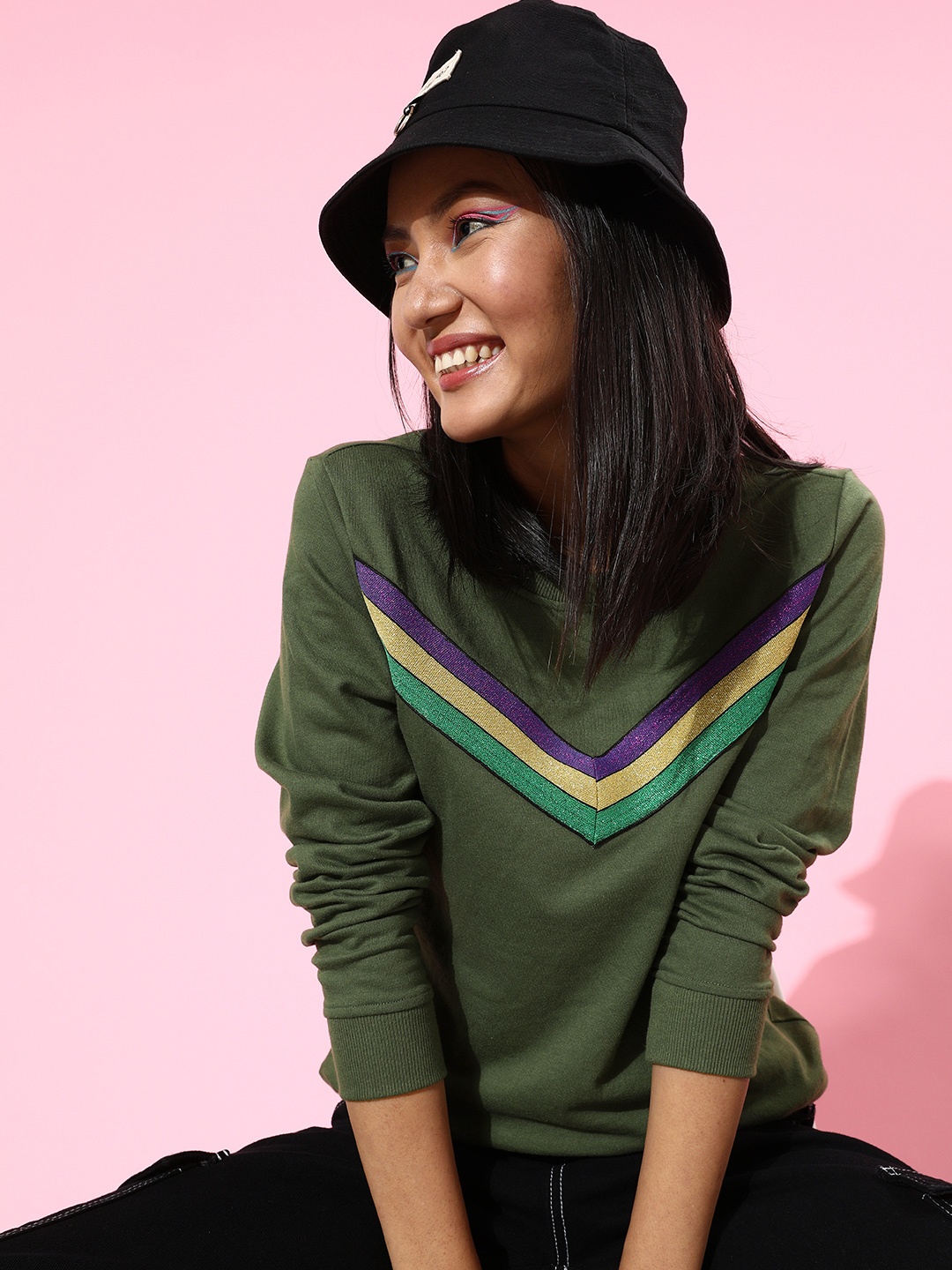 

DressBerry Women Lovely Olive Striped Sweatshirt
