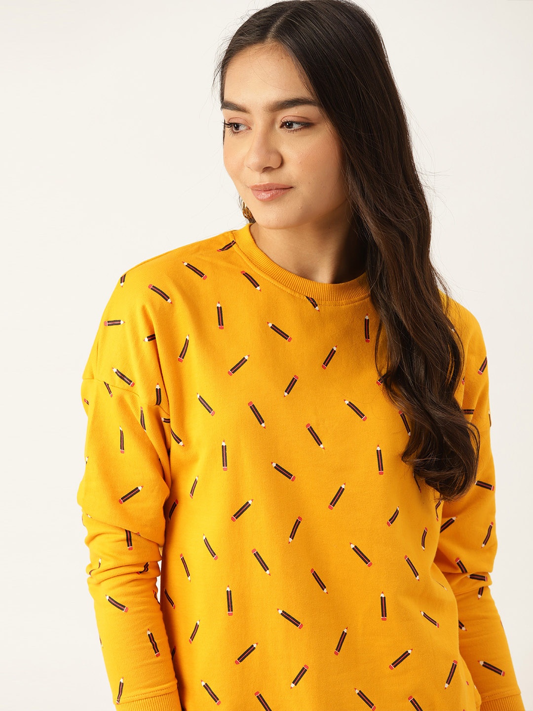 

DressBerry Women Mustard Yellow & Black Pencil Print Cotton Sweatshirt