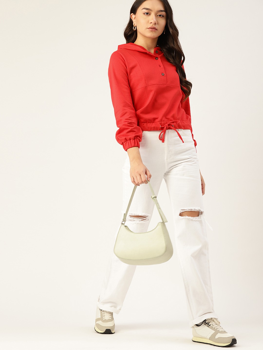 

DressBerry Women Red Solid Hooded Sweatshirt