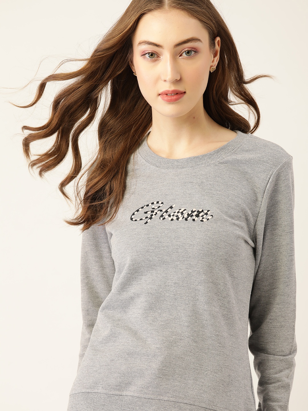 

DressBerry Women Grey Melange Solid Embroidered Sweatshirt