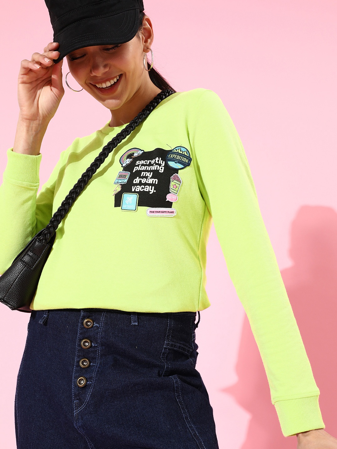 

DressBerry Women Fluorescent Green Solid Quirky Outerwear Sweatshirt