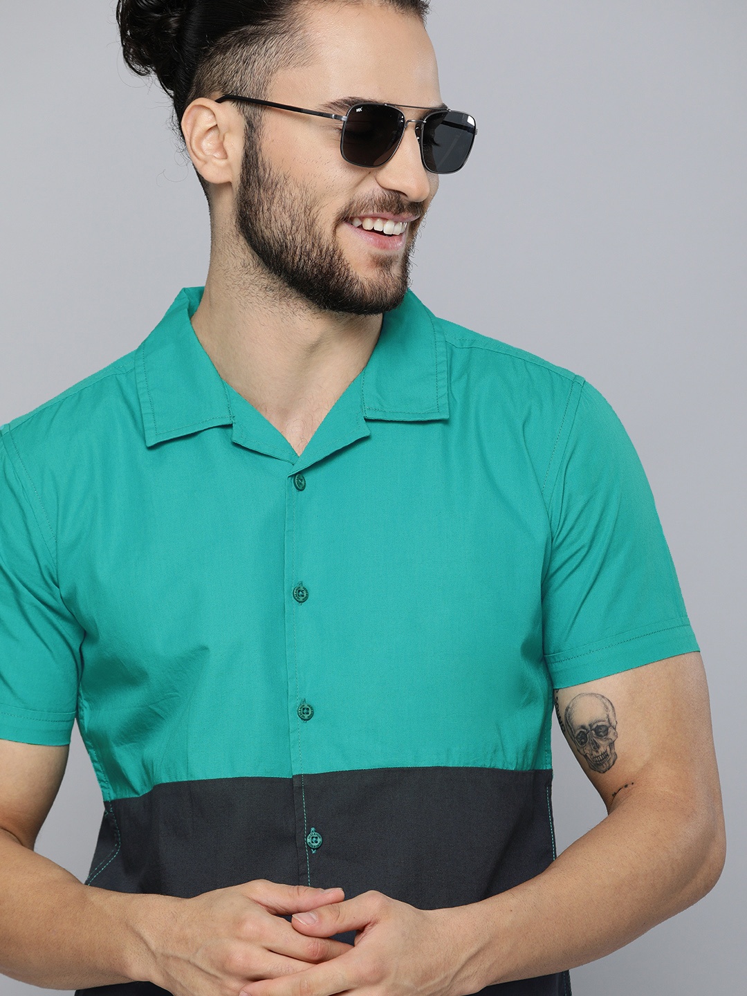 

HERE&NOW Men Teal Slim Fit Colourblocked Casual Shirt