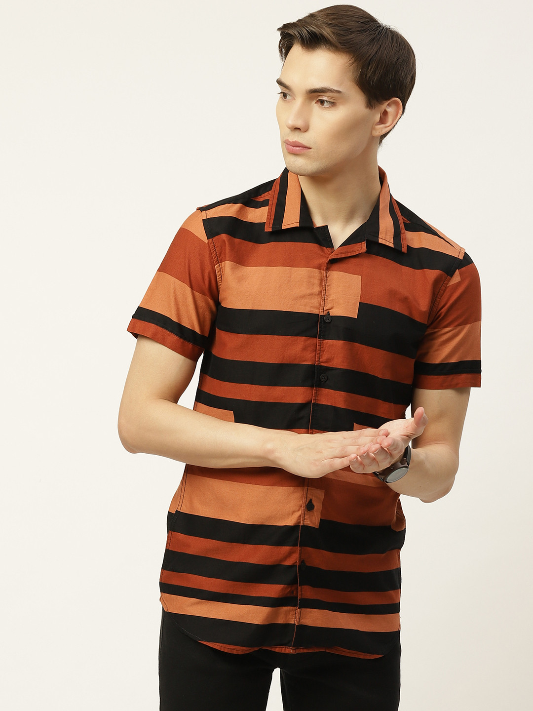 

Moda Rapido Men Brown & Black Regular Fit Pure Cotton Striped Casual Shirt