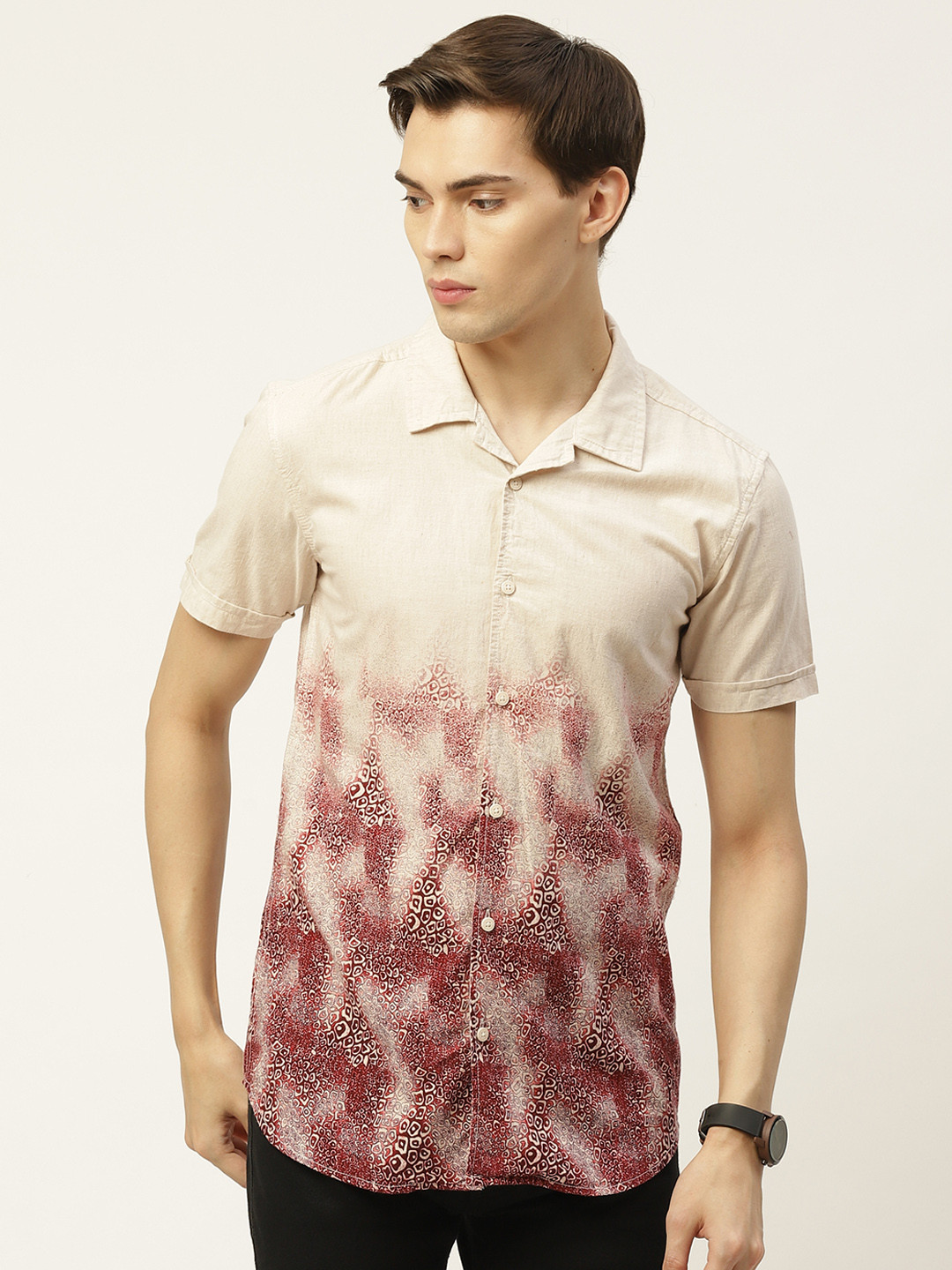 

Moda Rapido Men Cream-Coloured & Maroon Regular Fit Cotton Linen Printed Casual Shirt