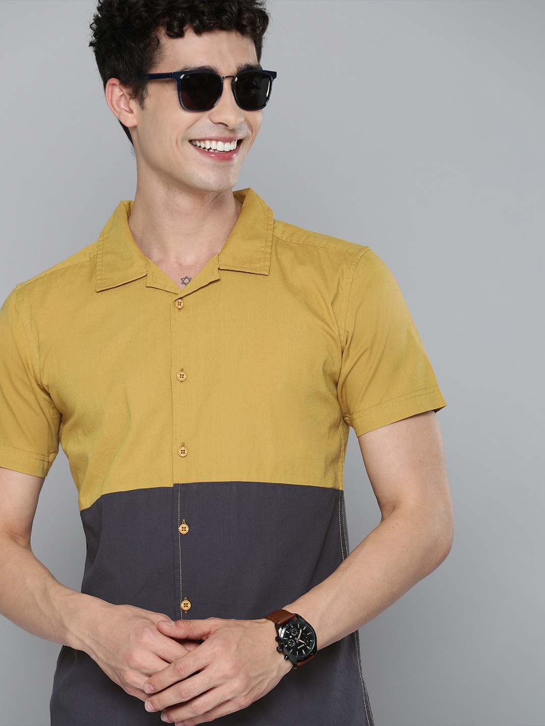 

HERE&NOW Men Mustard Yellow & Grey Slim Fit Colourblocked Casual Shirt