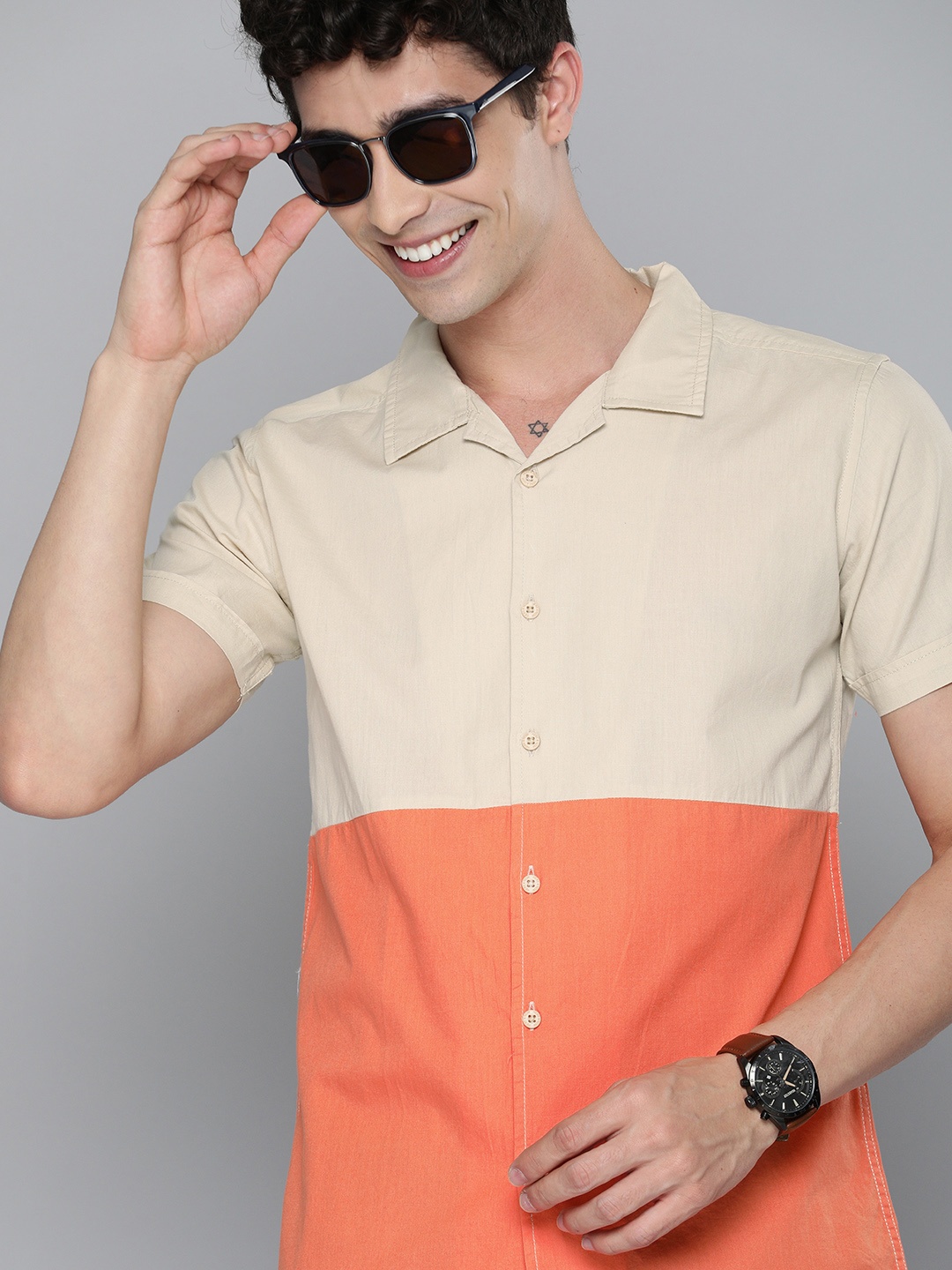 

HERE&NOW Men Beige & Orange Slim Fit Colourblocked Casual Shirt