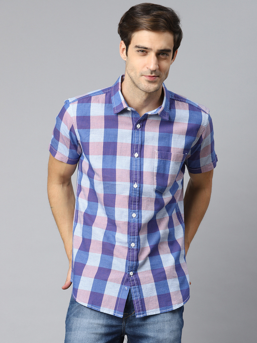 

HERE&NOW Men Blue & Pink Slim Fit Checked Casual Shirt