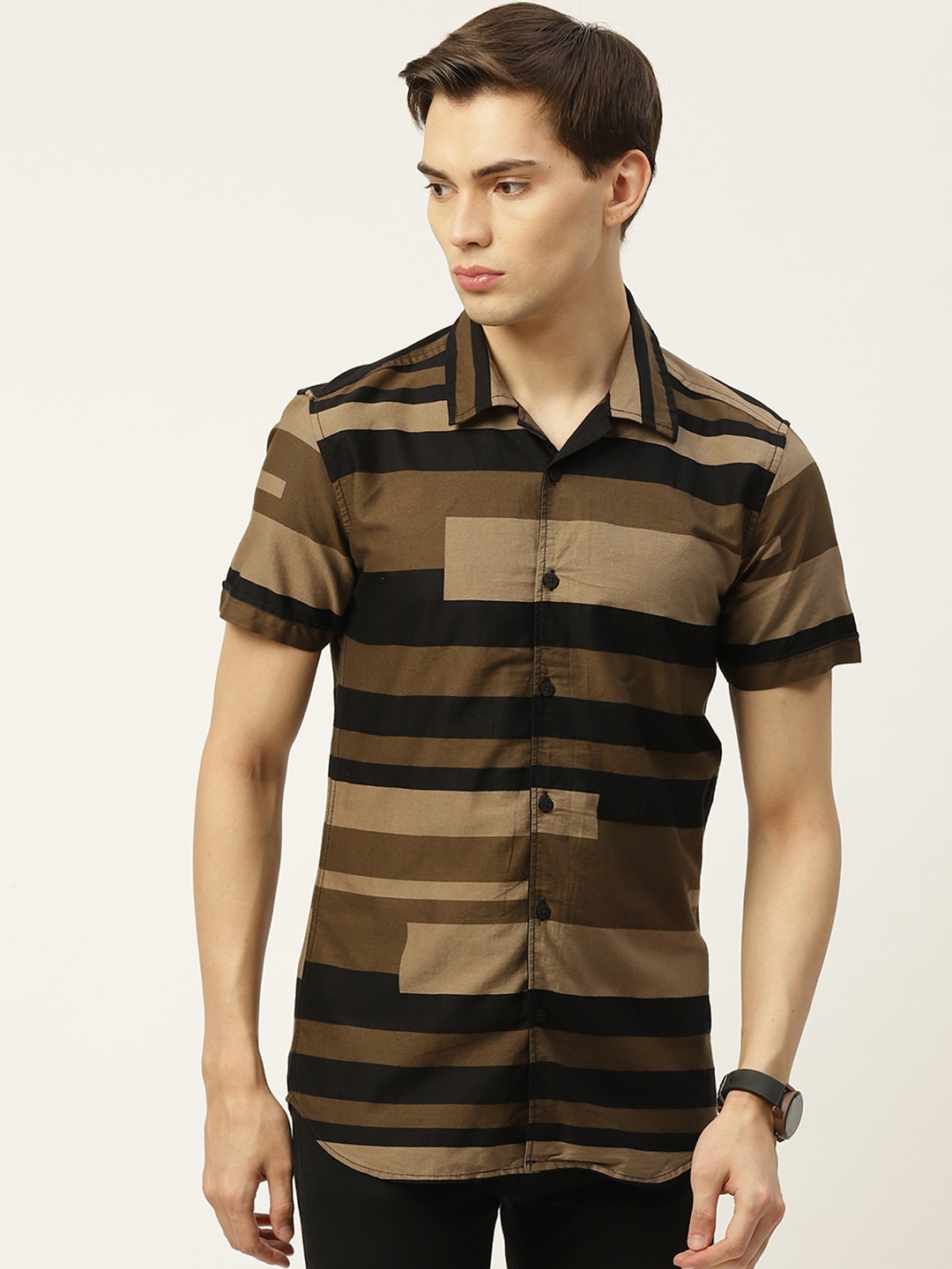 

Moda Rapido Men Beige & Black Pure Cotton Regular Fit Striped Casual Shirt