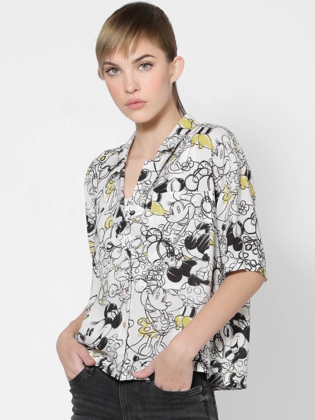 

ONLY Women White Mickey Mouse Printed Casual Shirt
